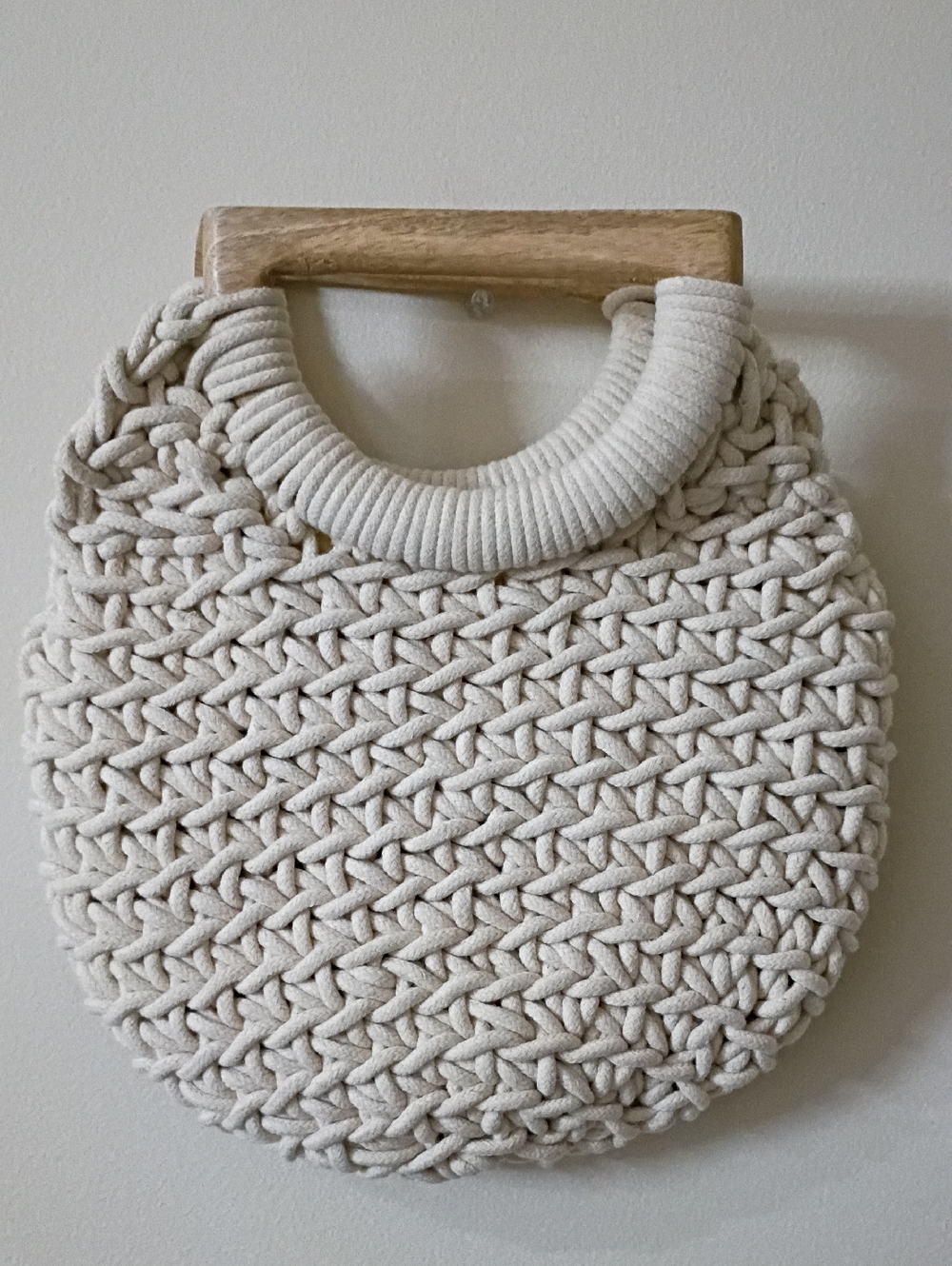 a new day Cream Handwoven Round Tote with Wooden Handles
